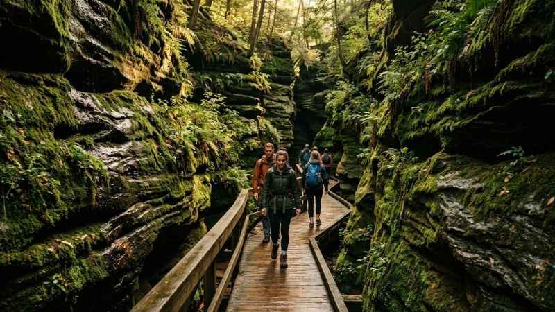Visitors walking through the narrow sandstone slot canyon at Witches Gulch.