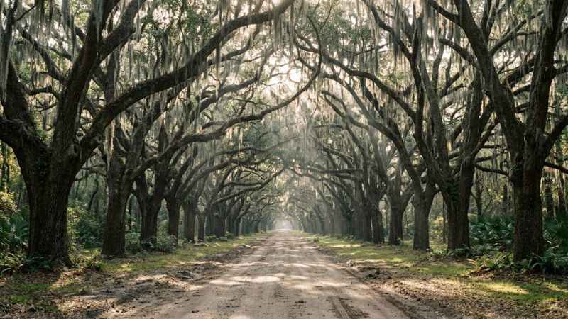 The grand, mile-long oak tree tunnel draped in Spanish moss at Wormsloe Historic Site near Savannah.