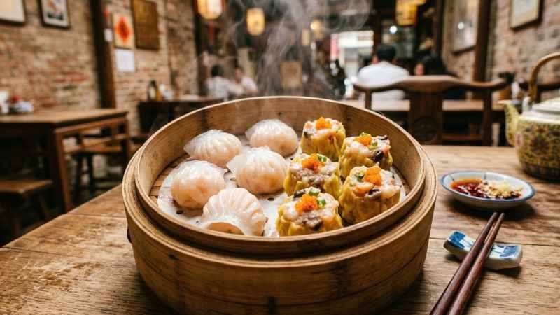 Freshly steamed dim sum dumplings served in a bamboo basket at a classic Chinatown restaurant.