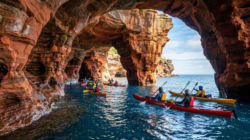 Kayakers exploring the carved sandstone sea caves at the Apostle Islands National Lakeshore.