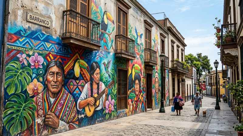 Vibrant street art mural on a building wall in the bohemian neighborhood of Barranco, Lima.