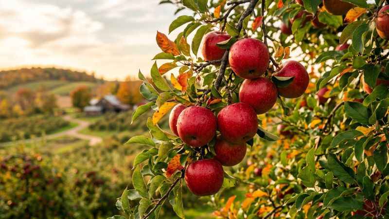 Fresh red apples growing on a tree at a local orchard along the Bayfield Fruit Loop.