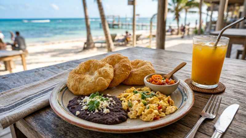 Traditional Belizean fry jacks served with breakfast sides in San Pedro.