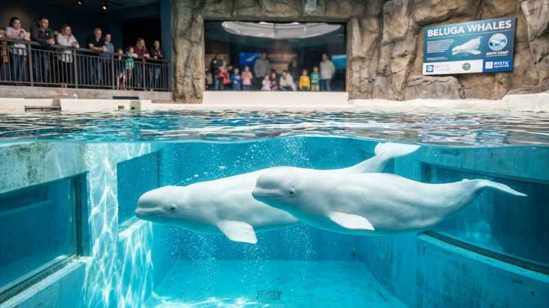 Beluga whales swimming inside the exhibit at Mystic Aquarium in Connecticut.