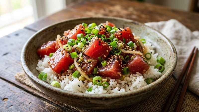 Fresh ahi poke bowl topped with green onions and sesame seeds in Honolulu.