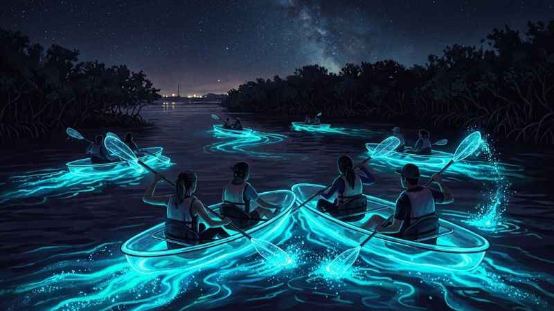 Kayakers exploring glowing blue waters during a night tour in Cocoa Beach.