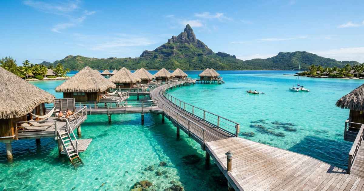 Panoramic view of luxury overwater bungalows on a turquoise lagoon with Mount Otemanu rising in the background in Bora Bora.