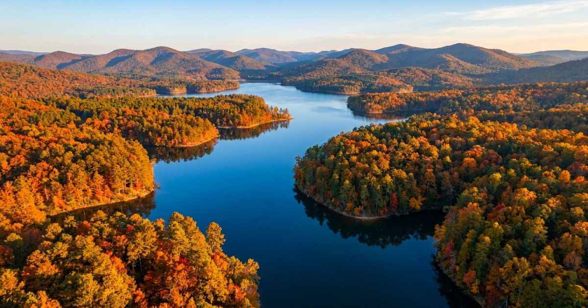 Aerial view of Broken Bow Lake and colorful autumn trees in the Ouachita Mountains.