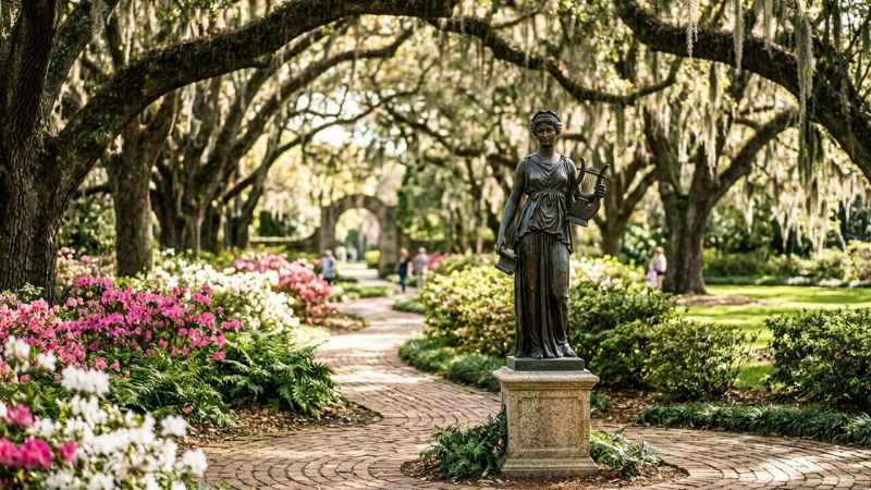 Bronze sculpture nestled under moss-draped oak trees at Brookgreen Gardens in Pawleys Island.