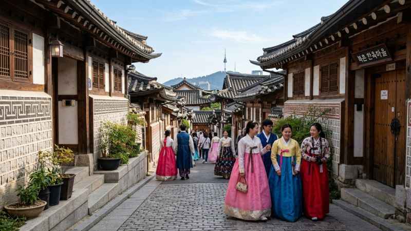 Traditional Korean hanok houses lining a narrow street in Bukchon Hanok Village.