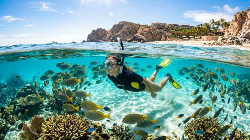 Snorkeler swimming with tropical fish in clear water at Chileno Bay in Cabo.