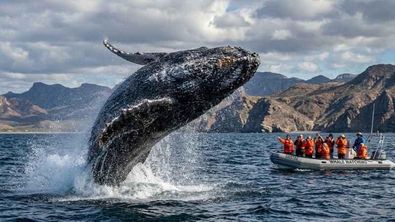 Humpback whale breaching out of the water during a Cabo whale watching tour.