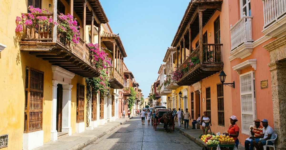 Vibrant colonial street with historic buildings and bougainvillea flowers in the Walled City of Cartagena, Colombia.