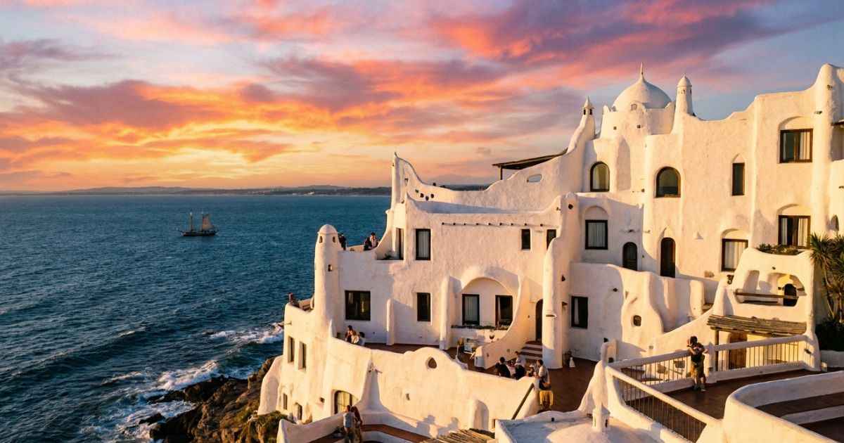 Casapueblo building perched on a cliff overlooking the ocean during sunset in Uruguay