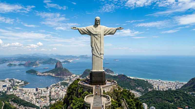 Close-up view of the Christ the Redeemer statue overlooking Rio de Janeiro.