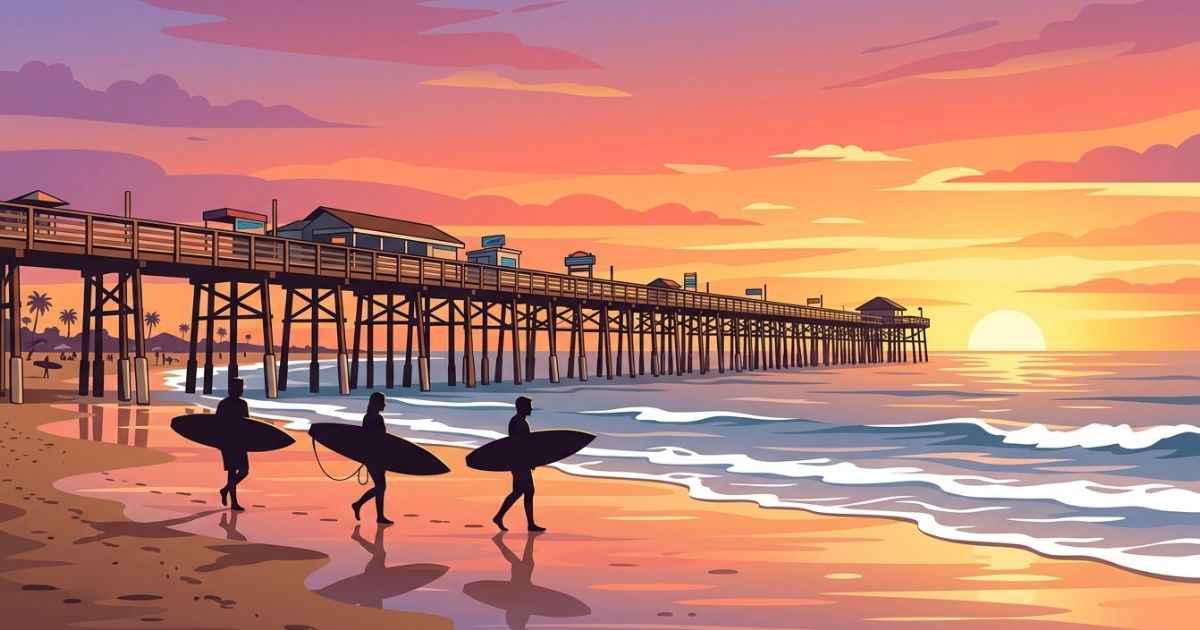 Sunset over the historic Cocoa Beach Pier with gentle waves on the Atlantic coast.