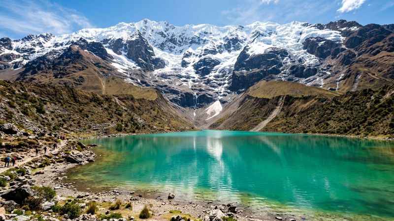Breathtaking turquoise waters of Humantay Lake with a massive snowy glacier peak in the background near Cusco.
