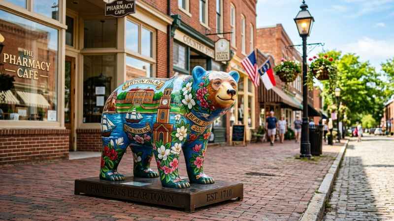 A colorful decorated bear statue on a historic sidewalk in downtown New Bern