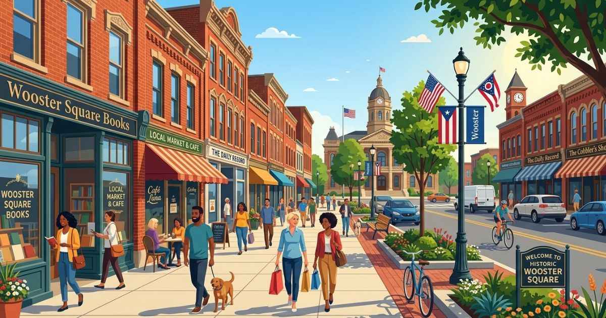 Historic downtown Wooster Ohio square featuring brick buildings and local shops on a sunny day.