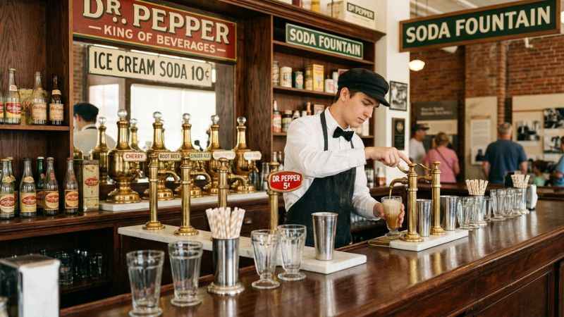 Historic 1906 soda fountain inside the Dr Pepper Museum in downtown Waco.
