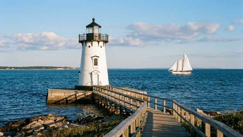 Edgartown Harbor Lighthouse overlooking the blue waters of Martha's Vineyard.