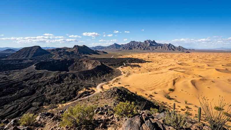Scenic view of volcanic craters and sand dunes in El Pinacate y Gran Desierto de Altar.