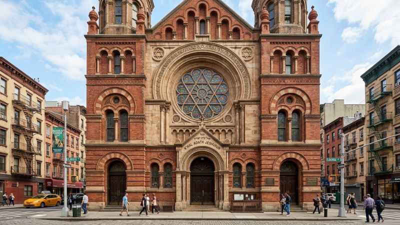 Detailed architecture and historic stone facade of the Eldridge Street Synagogue on the Lower East Side.