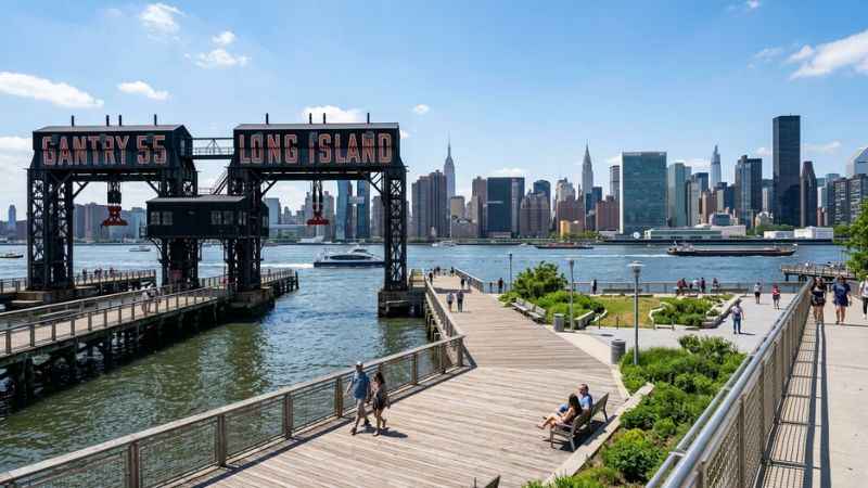 Historic industrial gantries and wooden piers at Gantry Plaza State Park along the Queens waterfront.