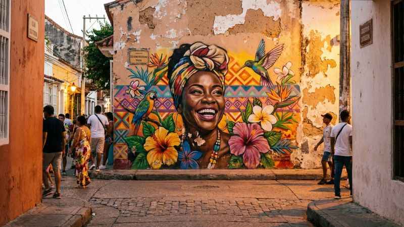 Bright artistic murals and colorful colonial houses in the Getsemaní neighborhood of Cartagena.