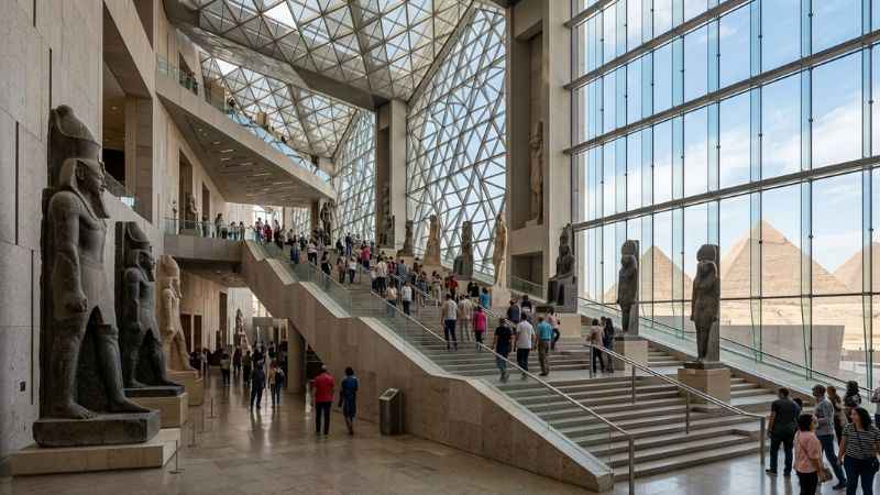 Visitors exploring the massive light-filled atrium and grand staircase of the Grand Egyptian Museum lined with ancient pharaonic statues.