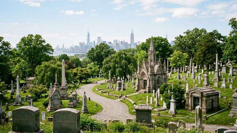 Rolling green hills and historic stone monuments inside Green-Wood Cemetery in Brooklyn, New York.