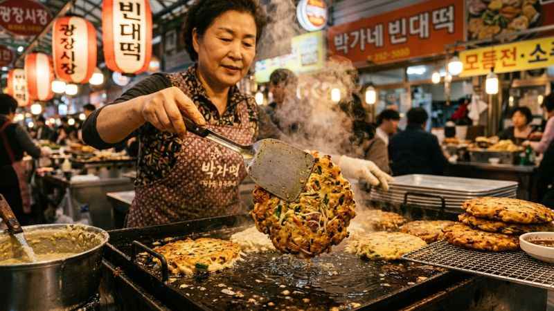 Street food vendor cooking bindaetteok pancakes at Gwangjang Market in Seoul.