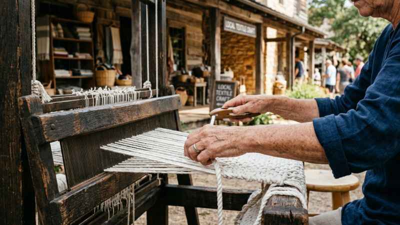 Local craftsman hand-weaving a traditional rope hammock at Hammock Shops Village.