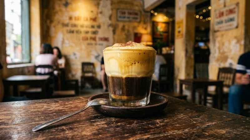 Traditional Vietnamese egg coffee served in a glass at Cafe Giang in Hanoi.