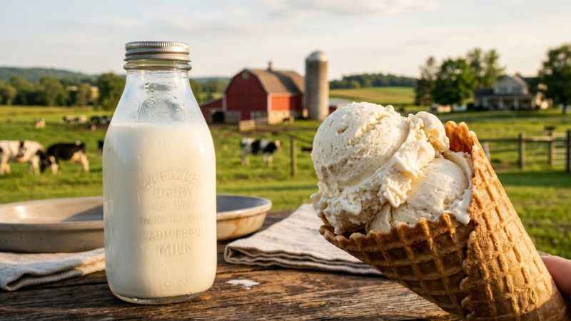 Glass bottle of milk and hand-dipped ice cream cone at Hartzler Family Dairy near Wooster, Ohio.