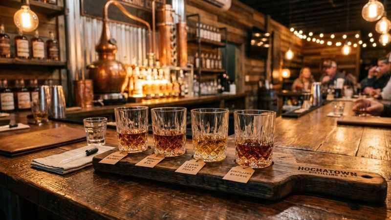 Craft whiskey glasses and bottles on display at Hochatown Distilling Company.