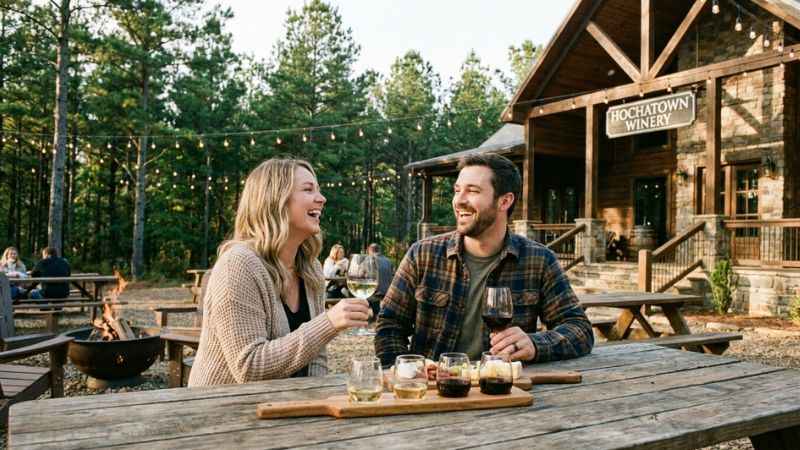 Visitors enjoying wine tasting on an outdoor patio in the Hochatown district.