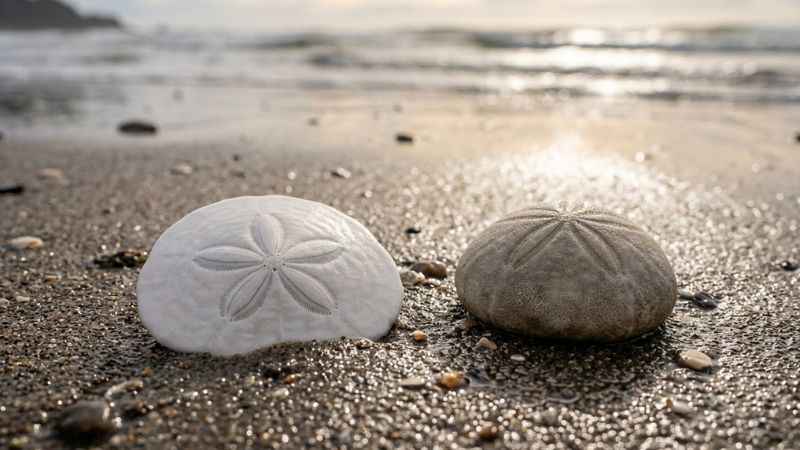 Freshly found sand dollars and sea biscuits on the wet sand at Holden Beach.