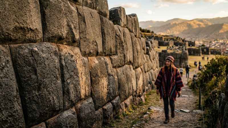 Close-up of ancient interlocking Inca stonework at Sacsayhuamán with a traveler in a traditional poncho.