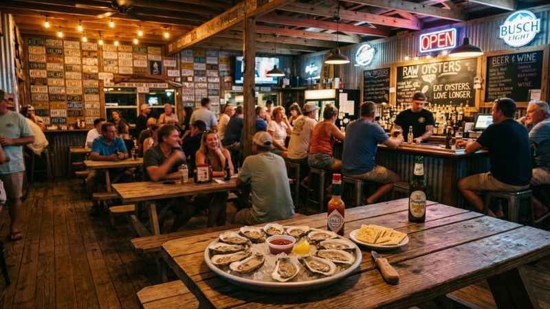 Rustic wooden interior of the historic Indian Pass Raw Bar serving fresh local oysters and cold drinks on the Florida coast.