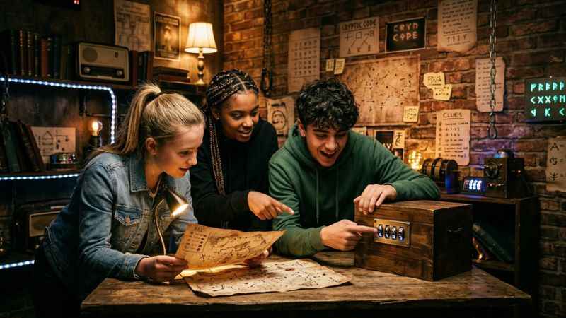 Teenagers working together to solve an escape room puzzle.