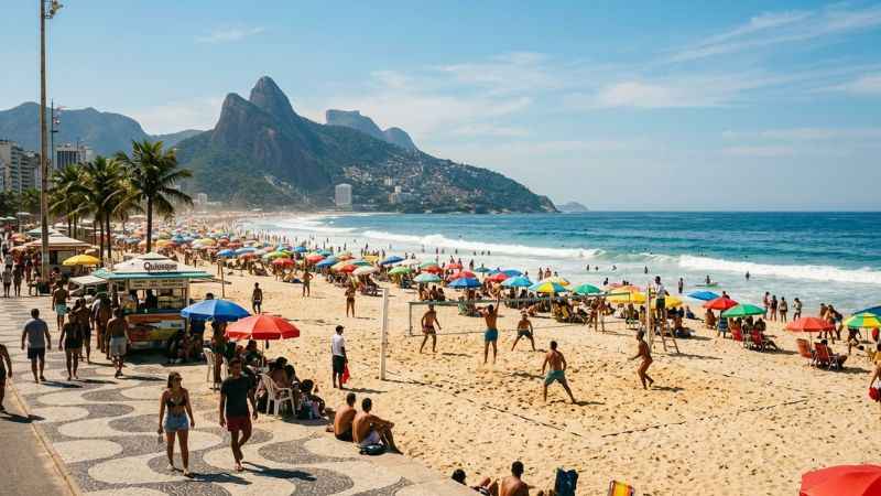Sunbathers relaxing on the golden sands of Ipanema Beach with the Dois Irmãos mountains in the background.