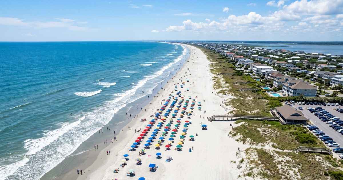 Aerial view of the wide sandy beach and ocean waves at Isle of Palms, South Carolina.