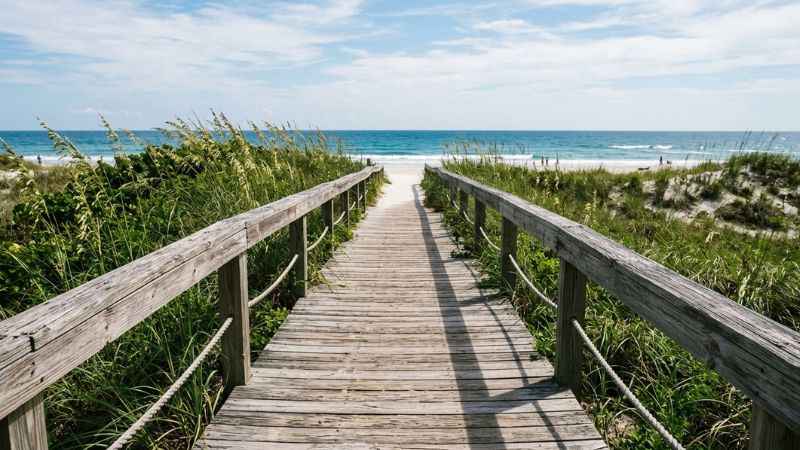 Wooden boardwalk path surrounded by sea oats leading to the beach at Isle of Palms County Park.
