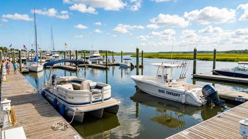 Rental boats docked along the slips at the Isle of Palms Marina on the Intracoastal Waterway.