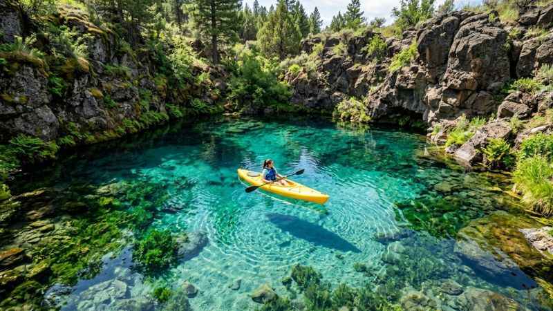 Kayaker paddling in the clear blue water of Blue Heart Springs near Twin Falls.