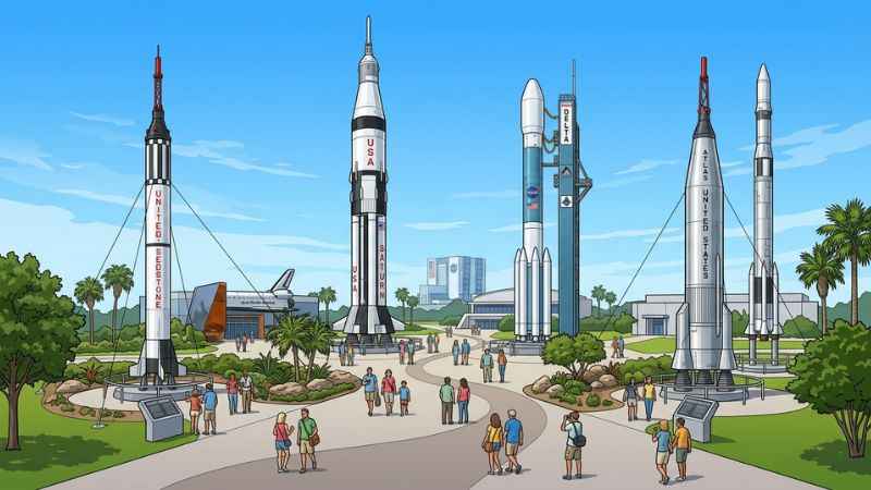 Tall rockets displayed outdoors at the Kennedy Space Center Visitor Complex.
