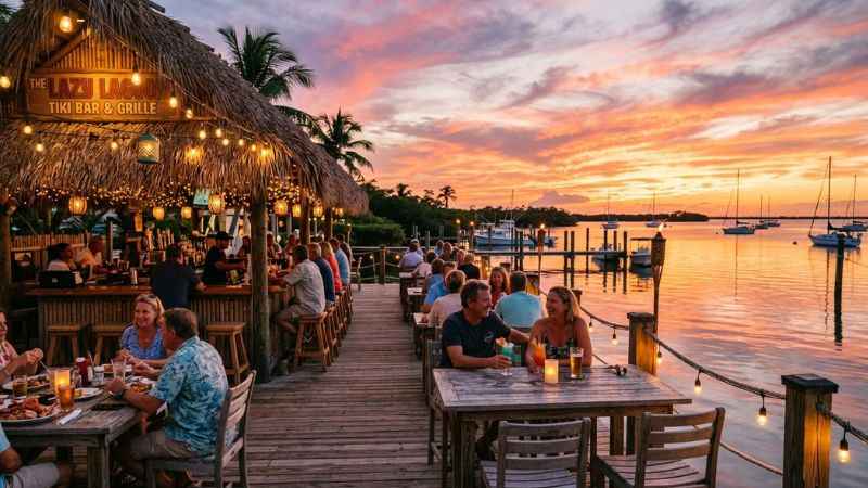 Vibrant sunset view over the water from a local Key Largo waterfront restaurant.