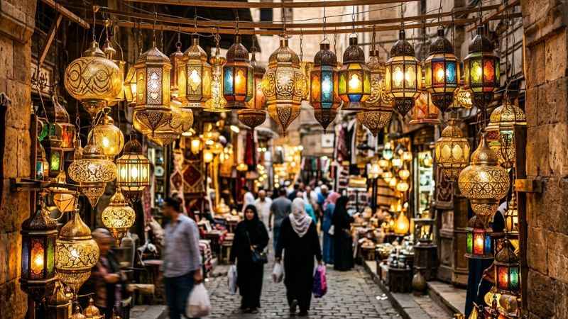 Intricately patterned brass and glass traditional Egyptian lanterns hanging inside the bustling Khan el-Khalili bazaar in Cairo.