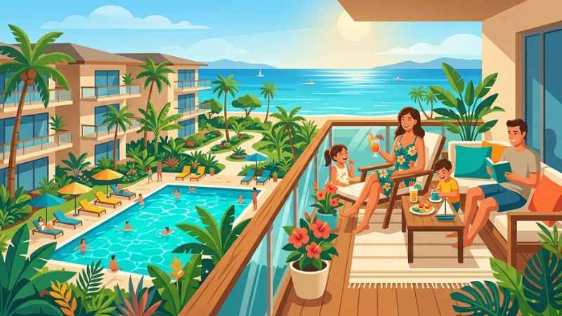 A family relaxing on a private balcony of a Kihei condo overlooking a tropical pool and palm trees in Maui.